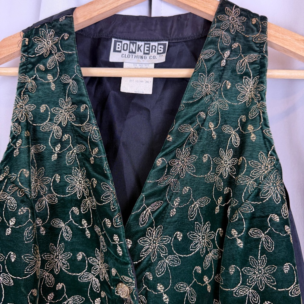 Vintage Bonkers Clothing Co Green Velvet Gold Floral Embroidered Vest Medium USA